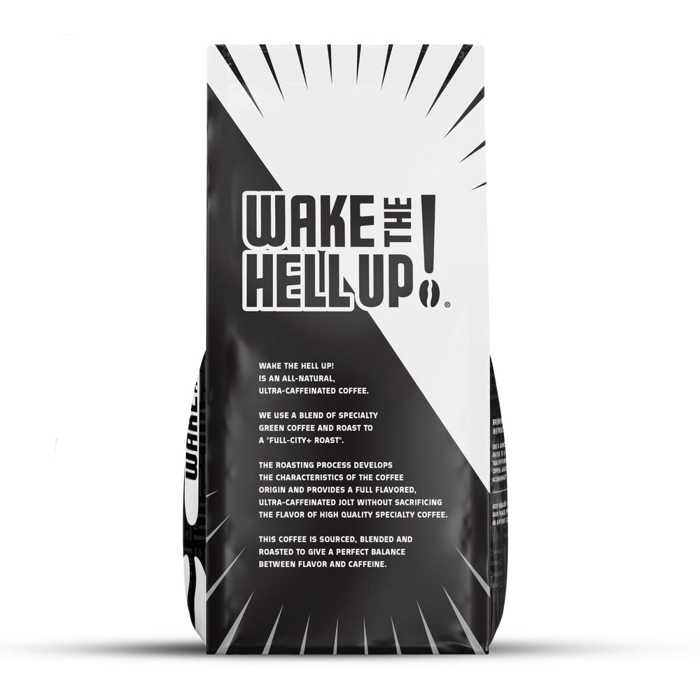 Wake The Hell Up! one-pound bag next to a standard coffee mug showing true size and value