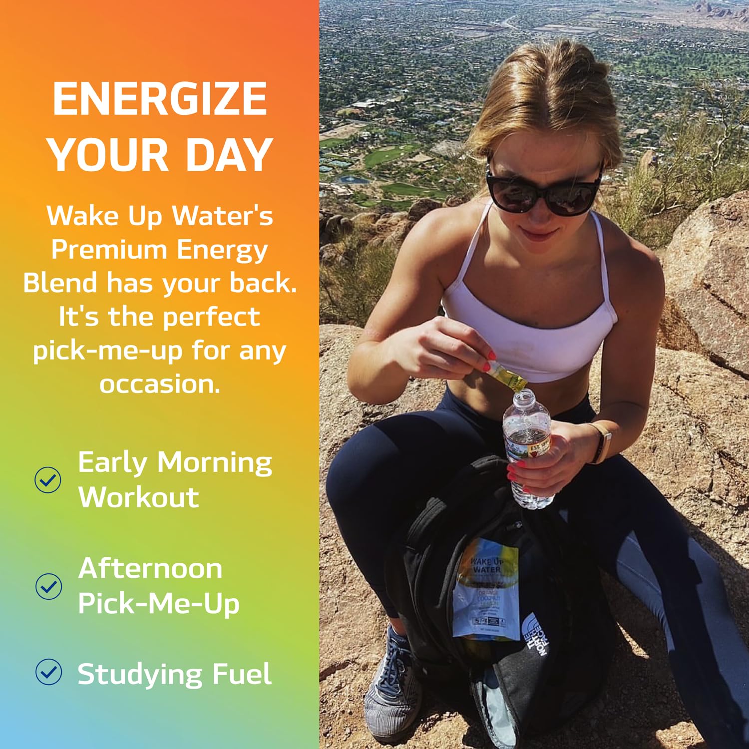 Wake Up Water variety packets spread displaying flavor options and portability