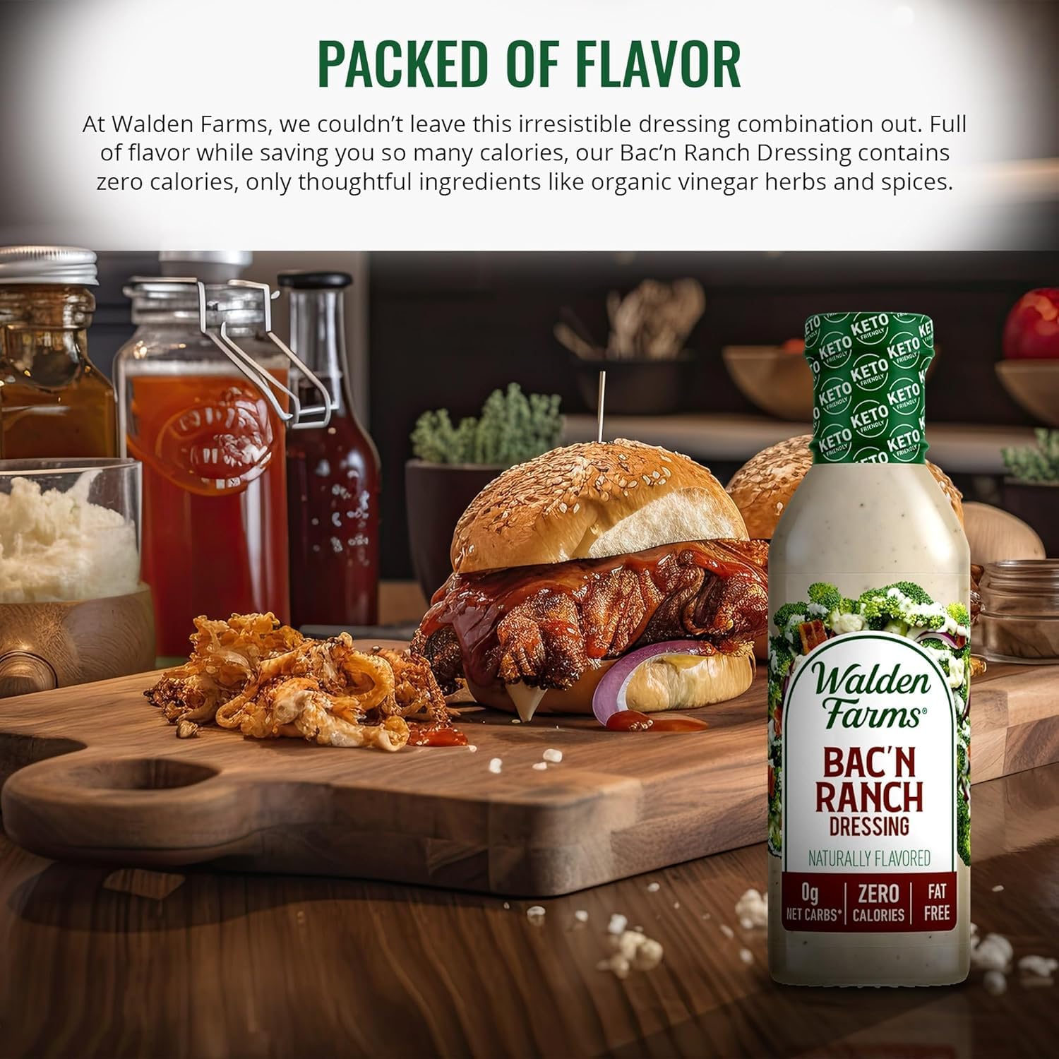 Walden Farms Bac’n Ranch bottle angled to highlight label and cap for easy pouring