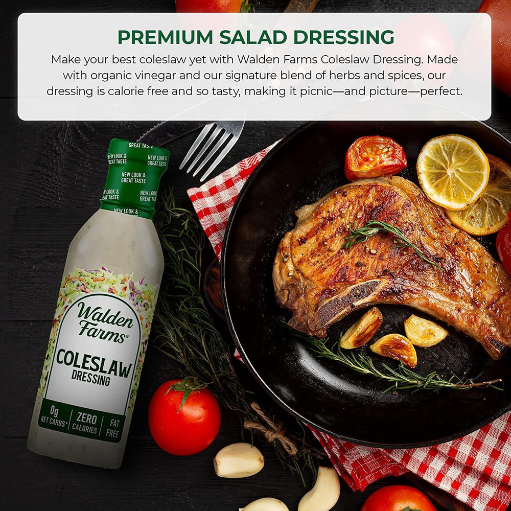 Walden Farms bottle open and pouring dressing onto salad for low-calorie flavor