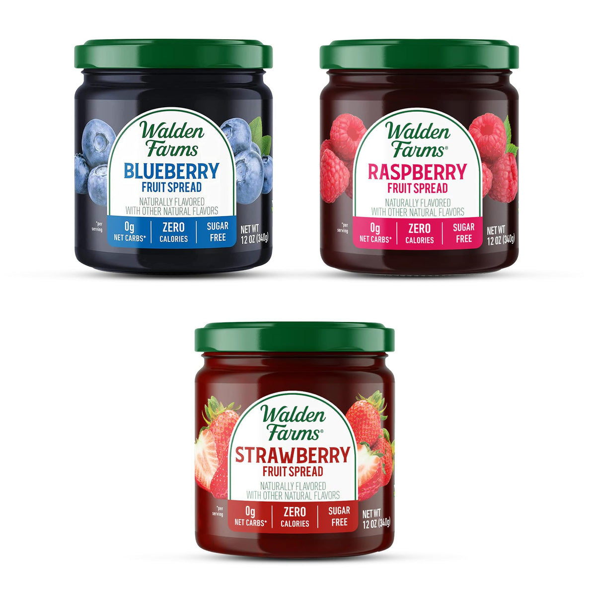 Walden Farms front packaging showing three 12 oz bottles, convenient variety