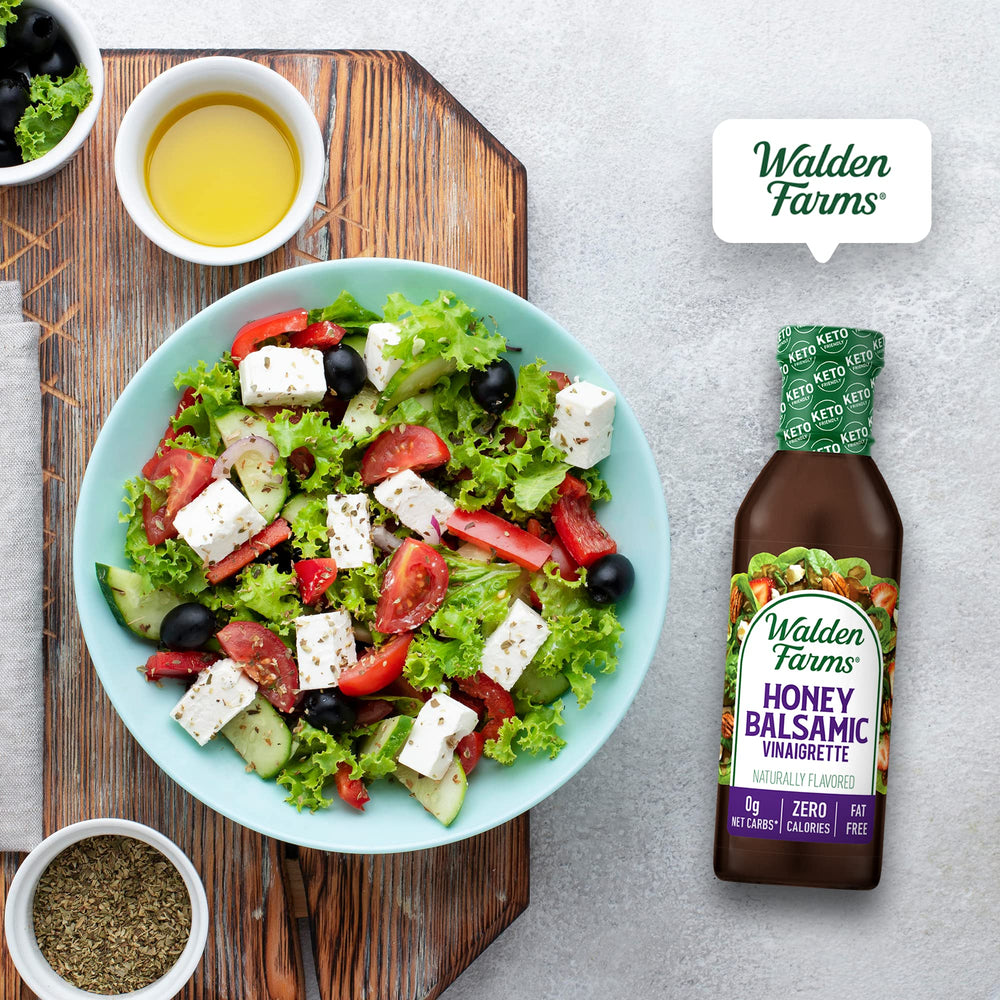 Walden Farms bottle beside a salad bowl illustrating easy everyday use at meals
