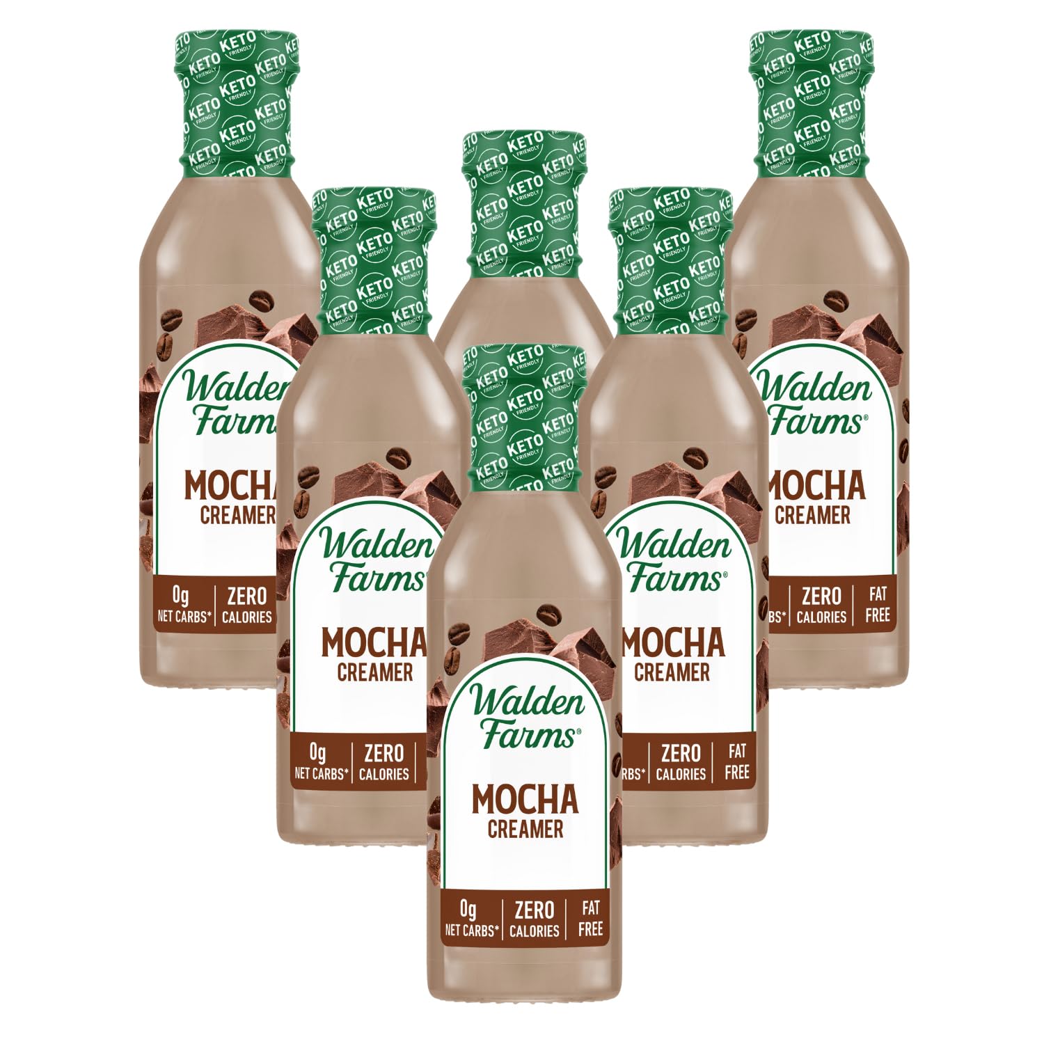 Walden Farms mocha front packaging showing six 12 oz bottles and clear label benefit
