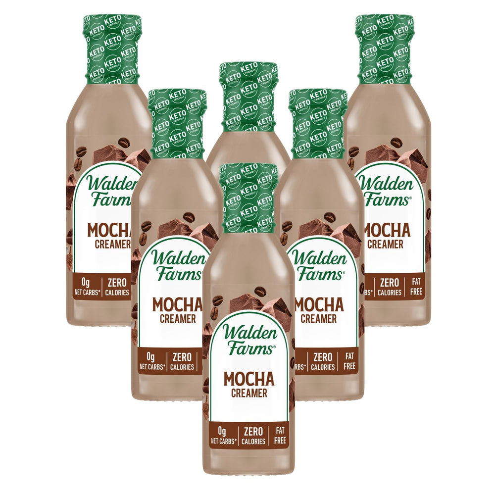 Walden Farms mocha front packaging showing six 12 oz bottles and clear label benefit