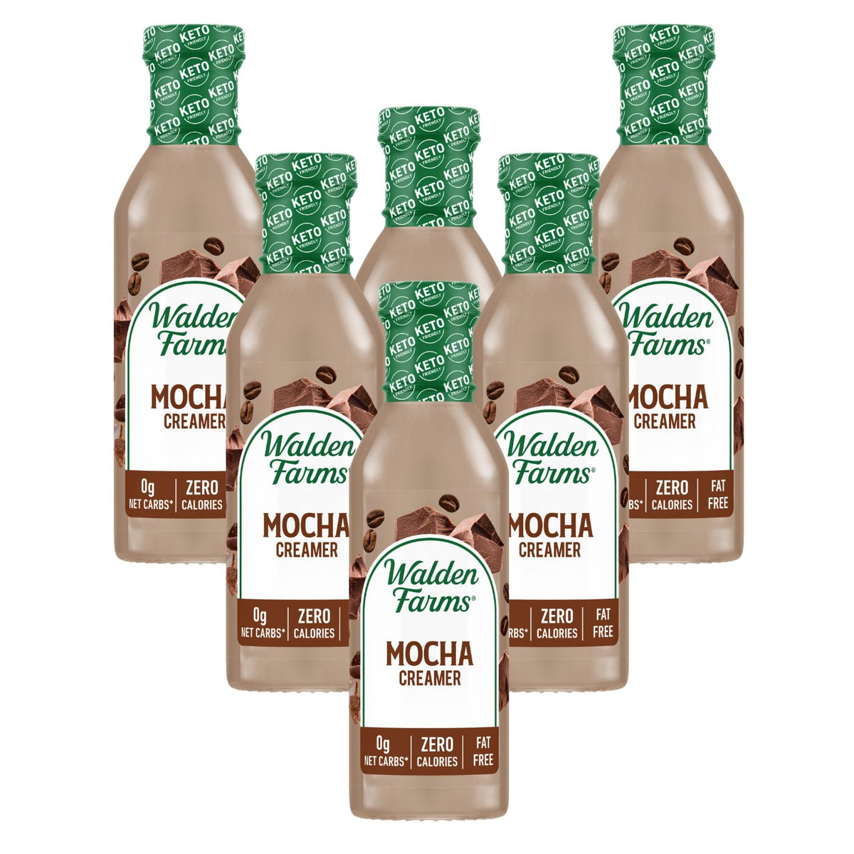 Walden Farms mocha front packaging showing six 12 oz bottles and clear label benefit
