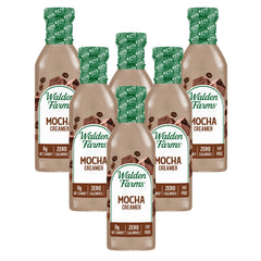 Walden Farms mocha front packaging showing six 12 oz bottles and clear label benefit
