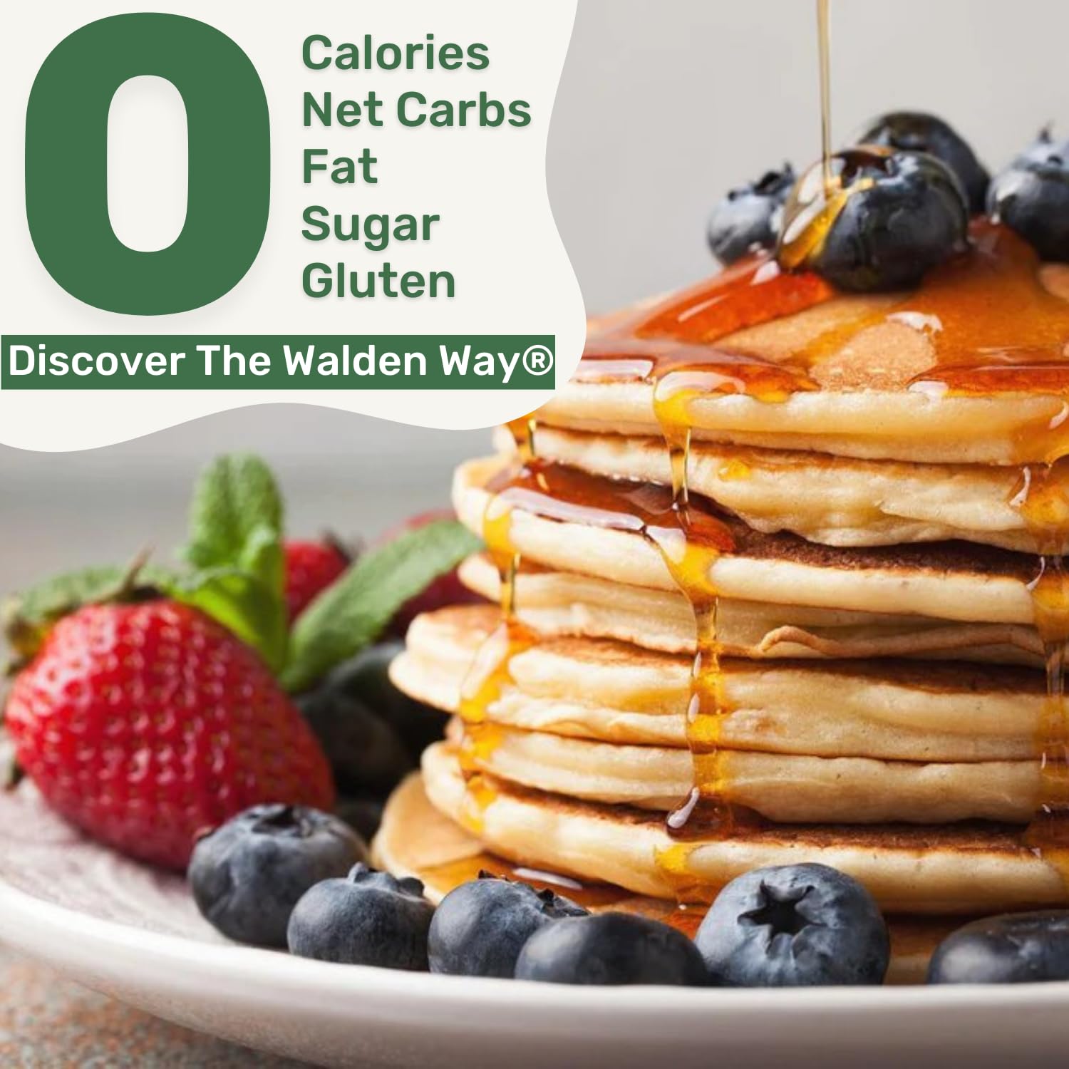 Walden Farms syrup drizzled over pancakes showing flavor without calories