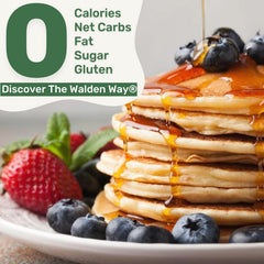 Walden Farms syrup drizzled over pancakes showing flavor without calories