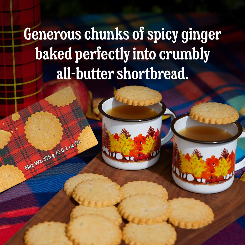 Walkers cookie close-up with visible ginger pieces for bold spicy flavor