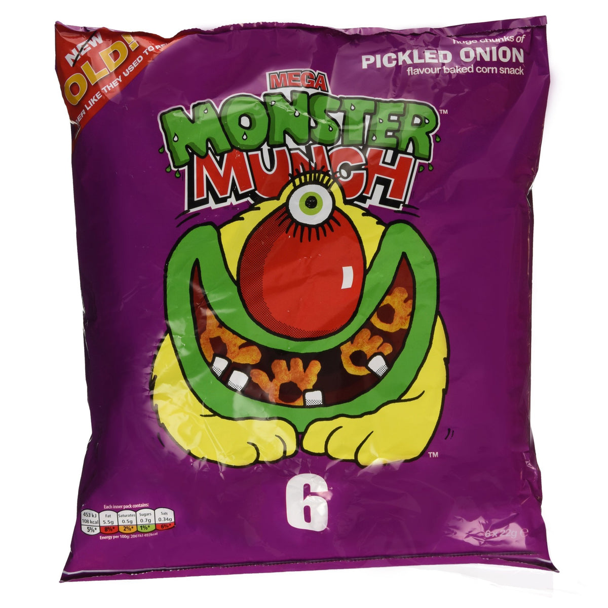 Walkers MEGA Monster Munch front packaging showing six-pack convenience and bold flavour
