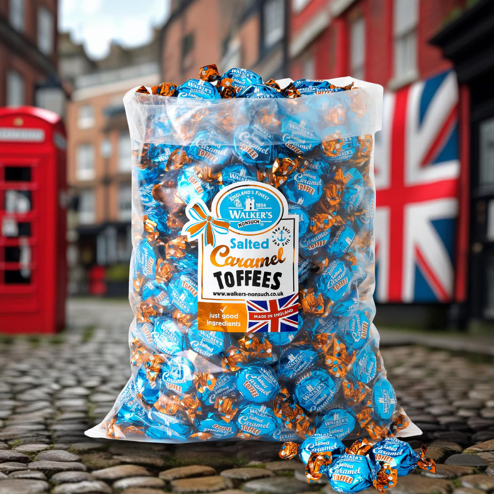 Angelsey sea salt beside a Walkers' Nonsuch toffee emphasizing flavor
