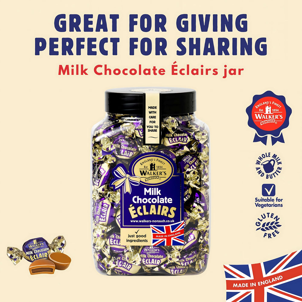 Walkers' Nonsuch close view of a milk chocolate toffee eclair highlighting glossy coating appeal