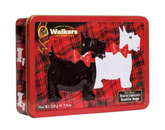 Walker's Scottie tin front view showing gift-ready packaging and brand