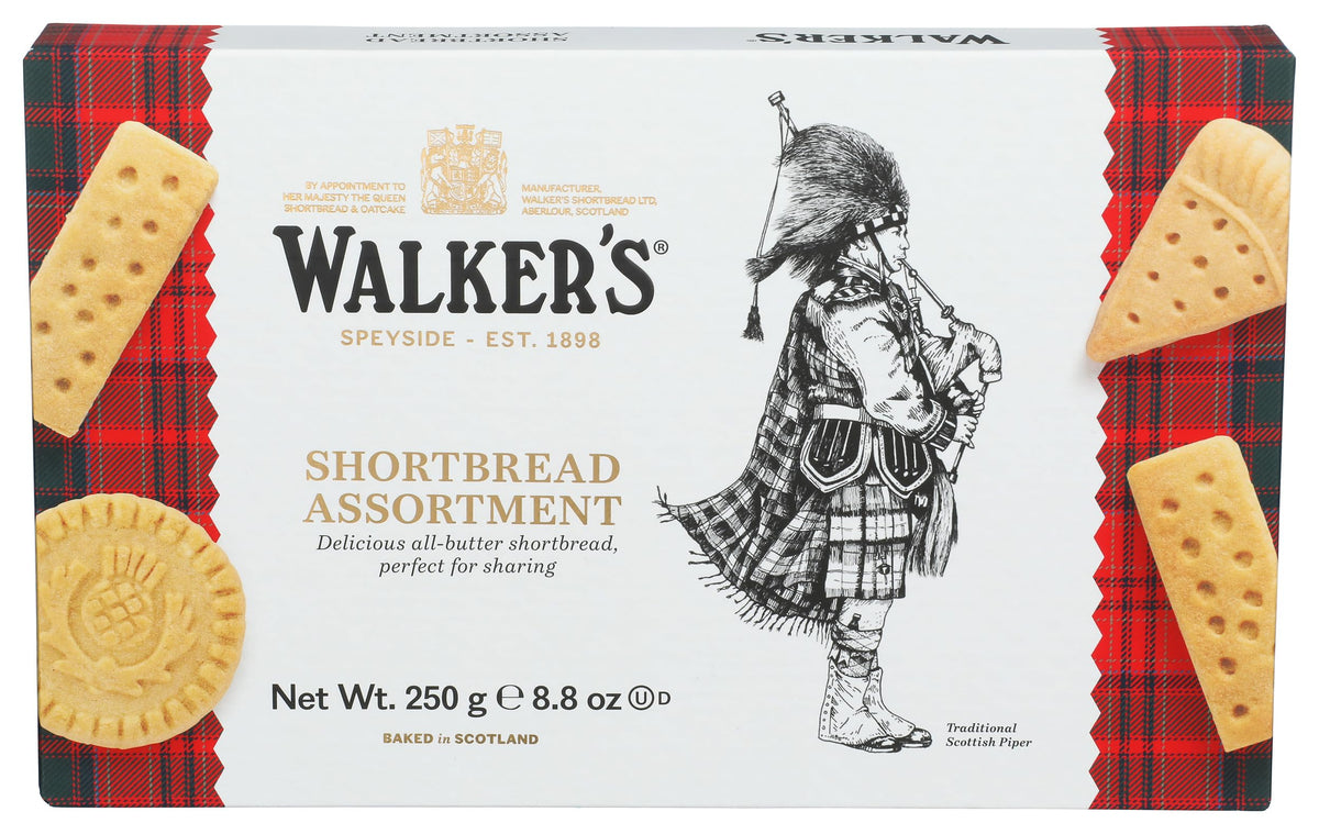Walkers tin front view showing brand and assorted shortbread selection benefit