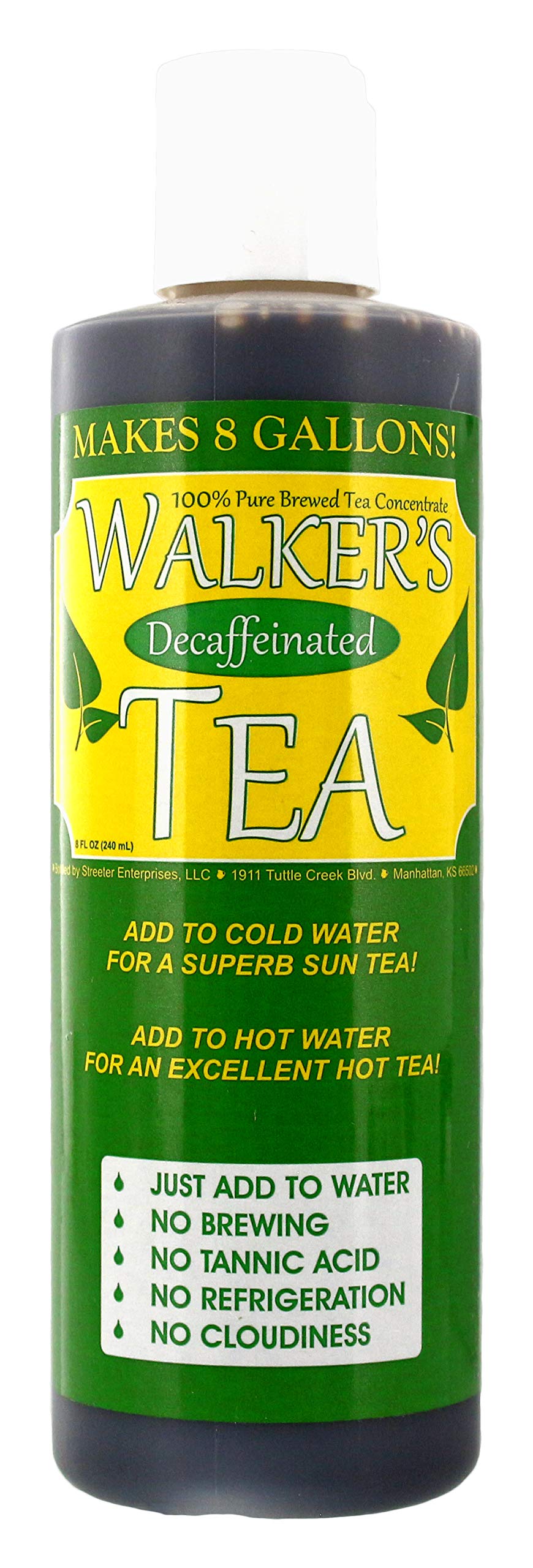 Walker's Tea decaffeinated concentrate bottle front label showing size and yield, fast prep benefit