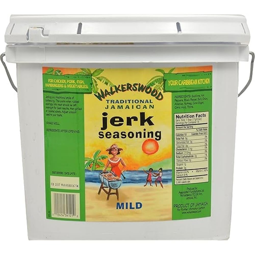 Walkerswood jar front packaging showing label and mild jerk flavor, adds authentic Caribbean taste