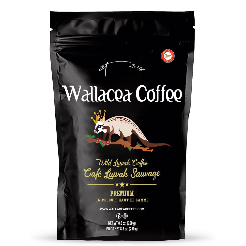 Wallacea Coffee front packaging showing wild Kopi Luwak benefits and origin