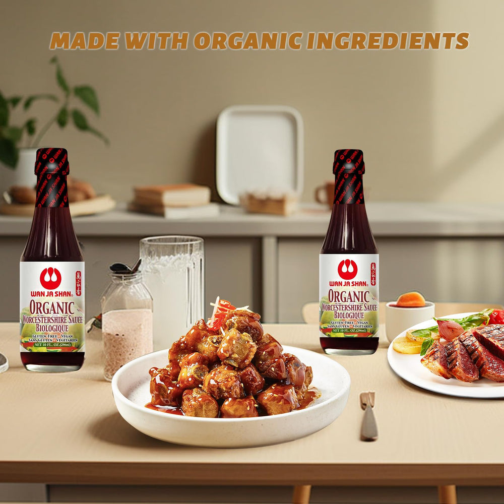 Wan Ja Shan bottle with raw ingredients showing organic sourcing benefit