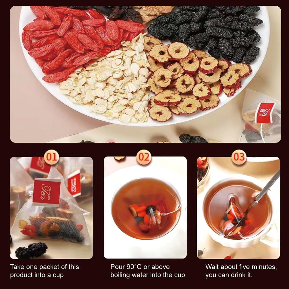 Wanciment teabag beside hand showing size and single-serving convenience