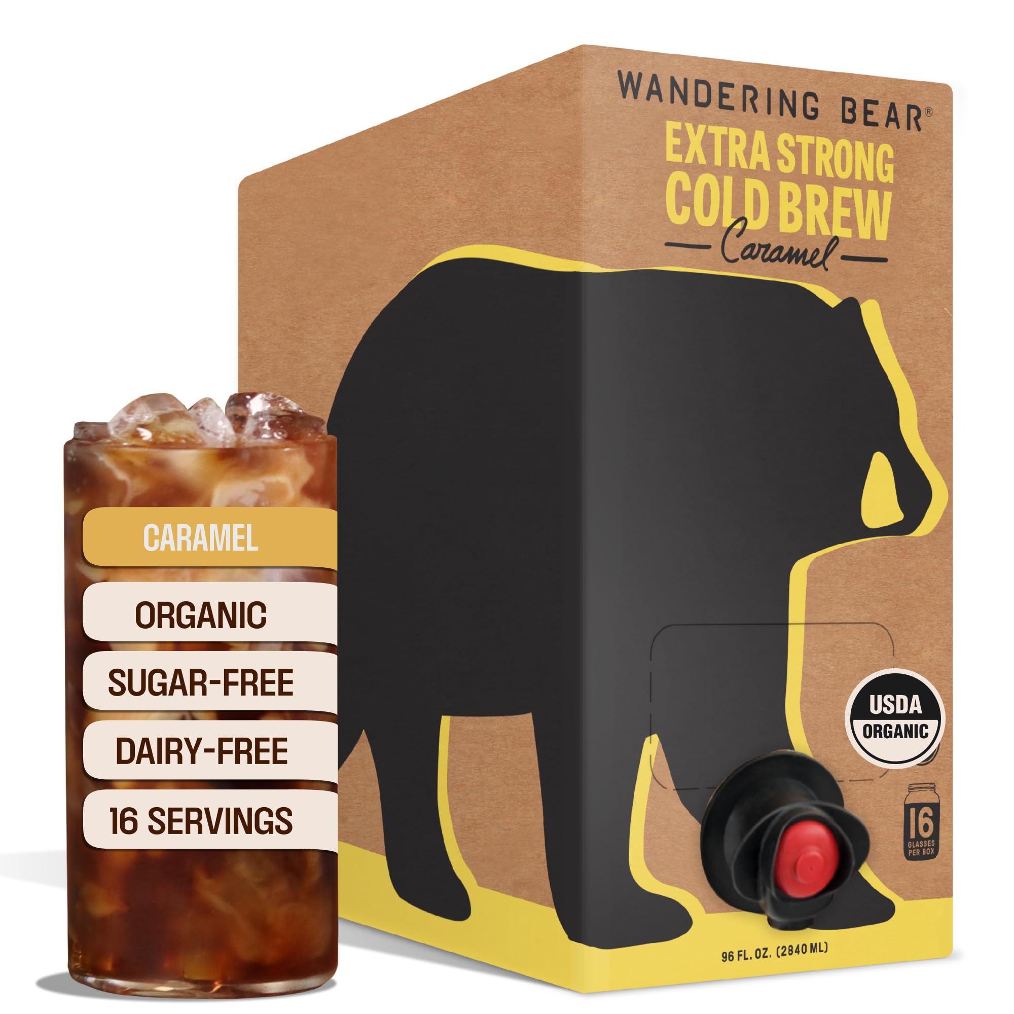 Wandering Bear front packaging showing 96 fl oz box and label benefits