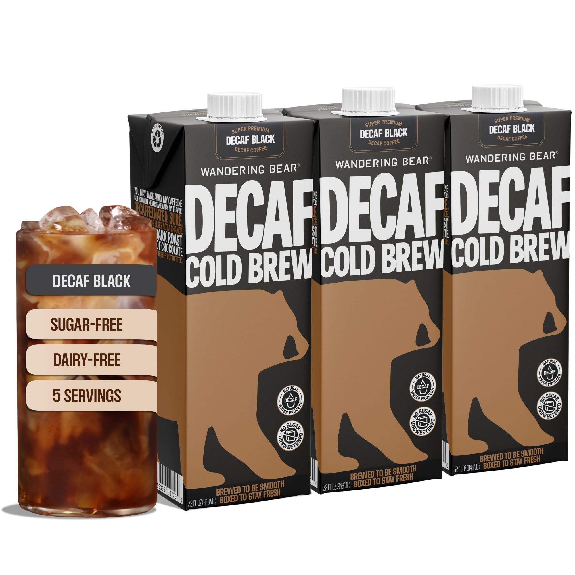 Wandering Bear front packaging showing 32 fl oz decaf carton and branding, highlights convenience