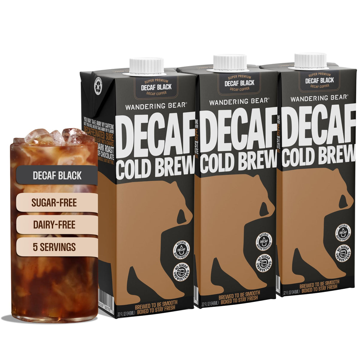 Wandering Bear front packaging showing 32 fl oz decaf carton and branding, highlights convenience