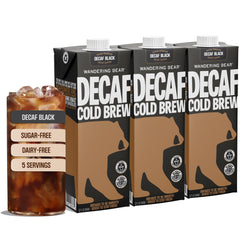 Wandering Bear front packaging showing 32 fl oz decaf carton and branding, highlights convenience