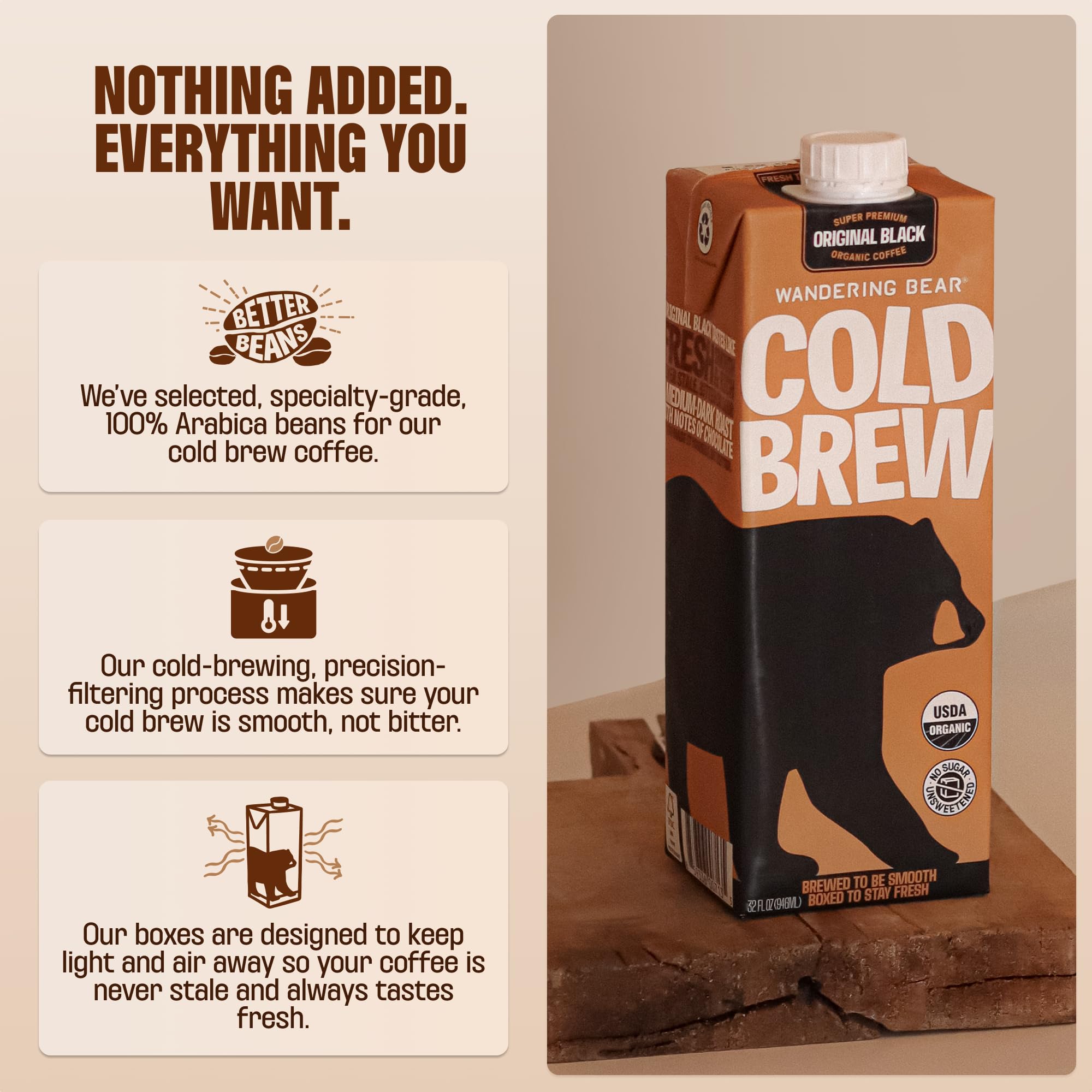 Wandering Bear pouring decaf cold brew over ice in glass, illustrates ready-to-drink refreshment