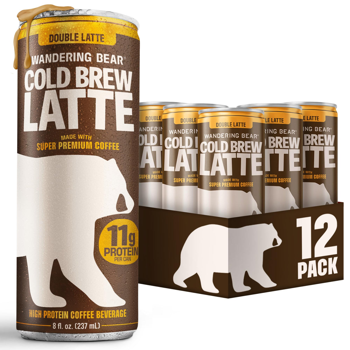 Wandering Bear front can showing Double Latte branding and bold coffee appeal