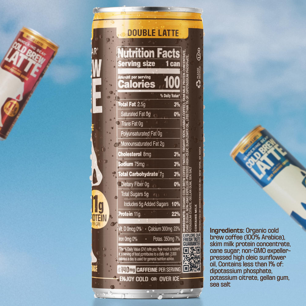 Wandering Bear close-up of can label highlighting organic cold brew and protein