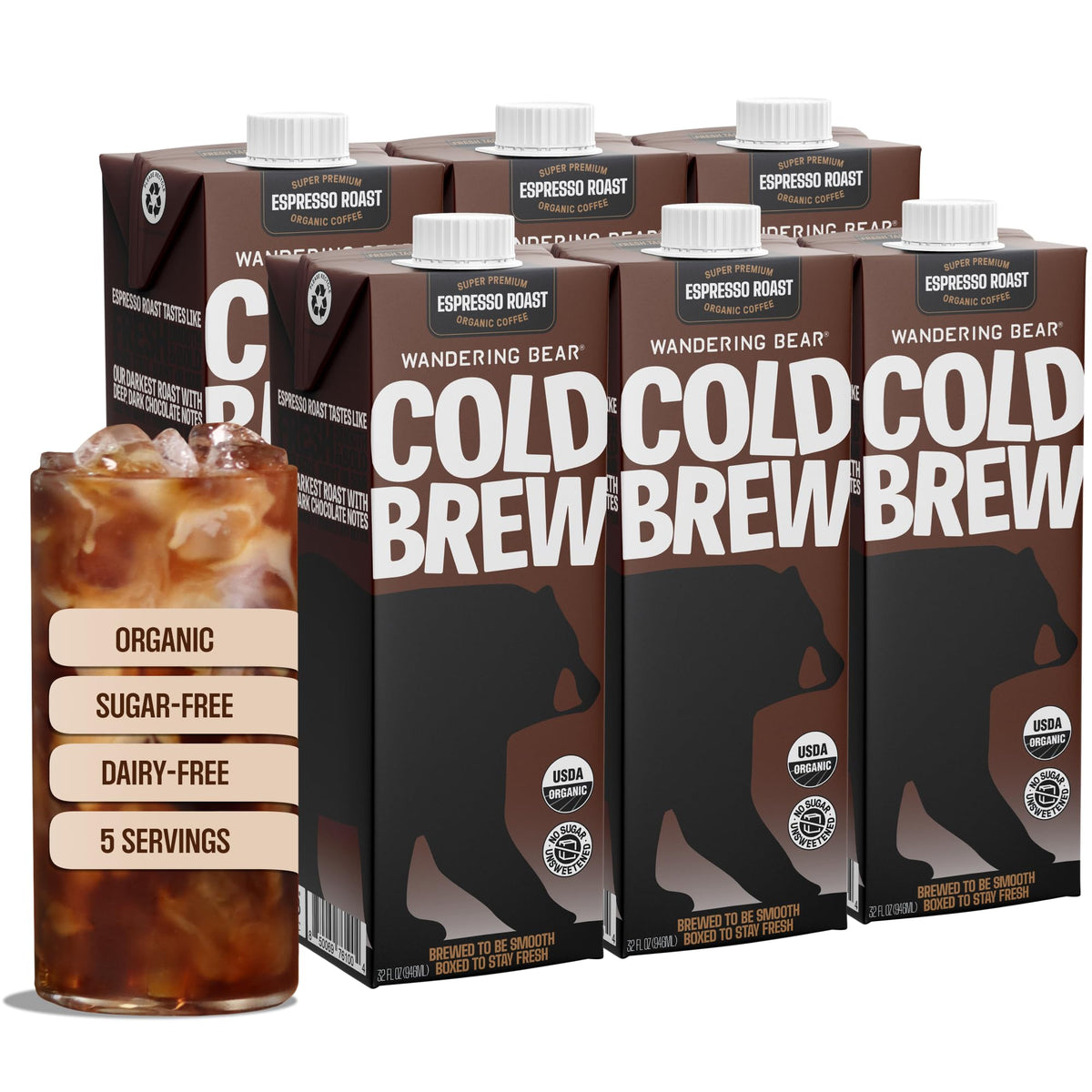 Wandering Bear front carton showing espresso roast and bold branding benefit convenience