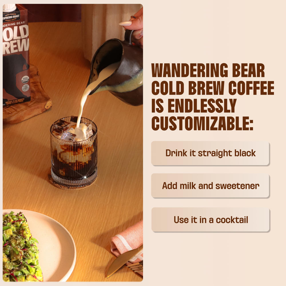 Wandering Bear concentrate mixed and heated into a hot cup demonstrating warm serving option