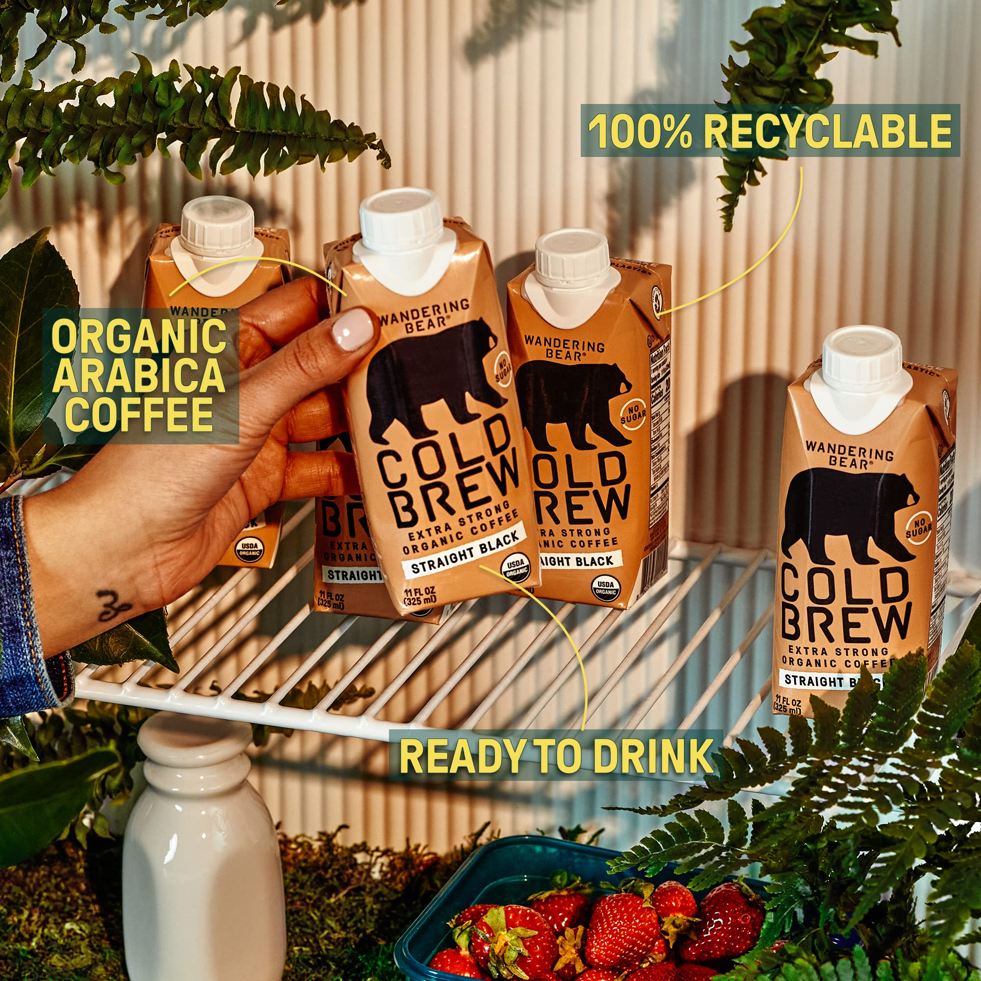 Wandering Bear ingredients label with organic Arabica beans callout