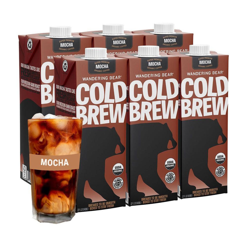 Wandering Bear front packaging showing mocha cold brew and serving suggestion