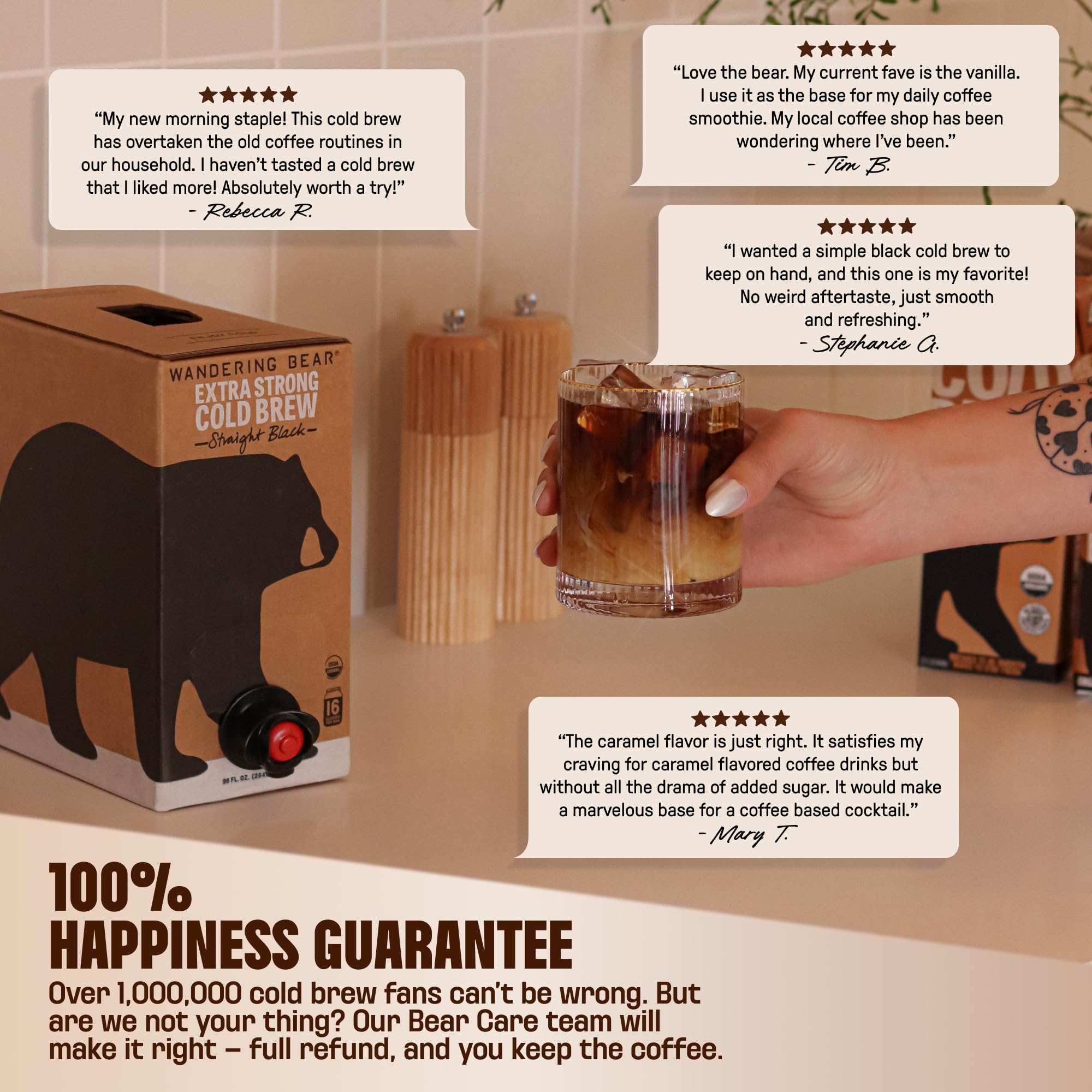 Wandering Bear pouring cold brew over ice in a glass for fast, chilled refreshment
