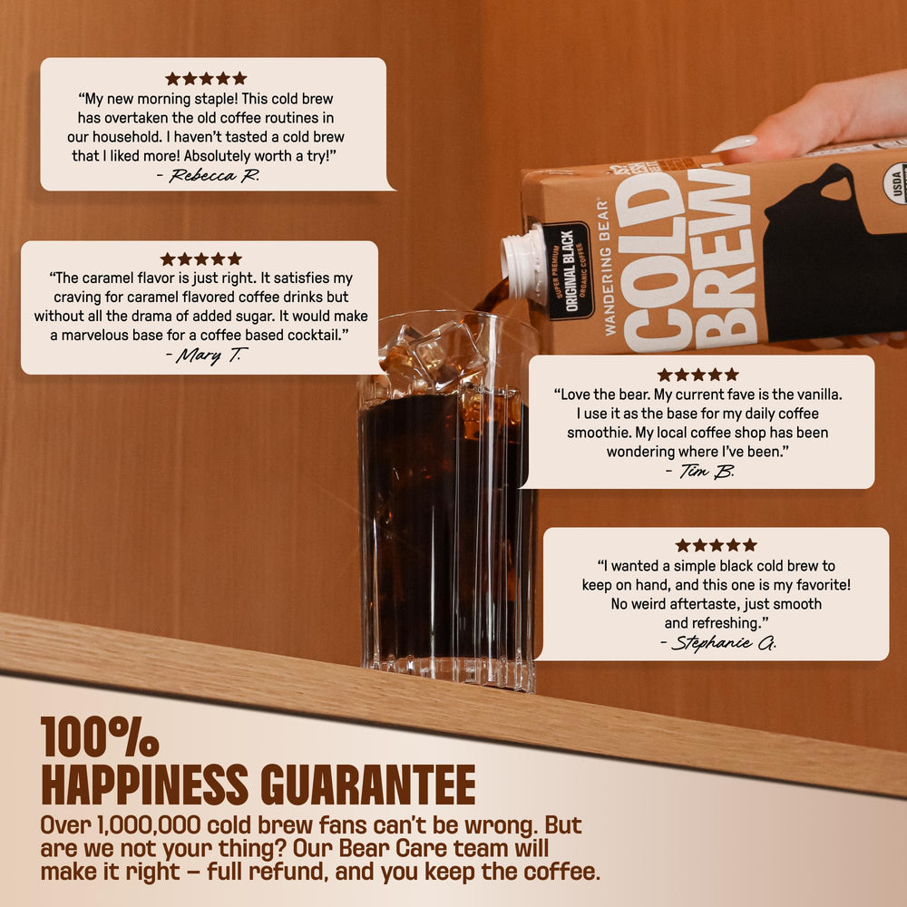 Wandering Bear cold brew poured over ice emphasizing refreshing iced coffee enjoyment