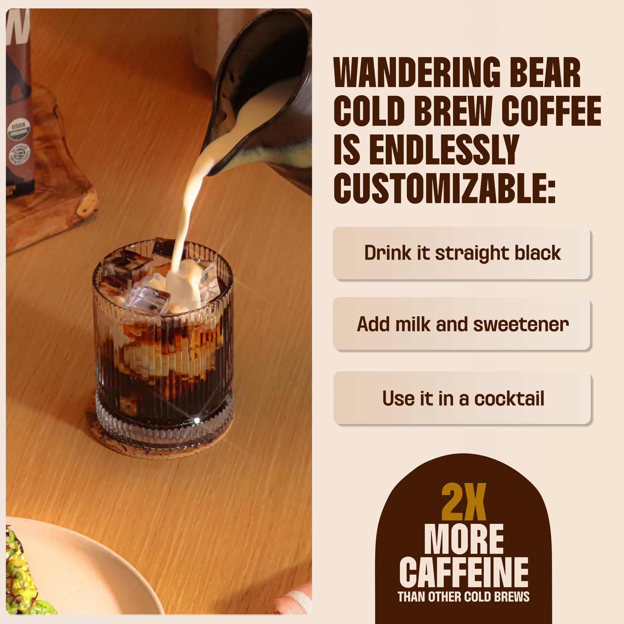 Wandering Bear box beside standard glasses to illustrate 96 fl oz serving capacity benefit
