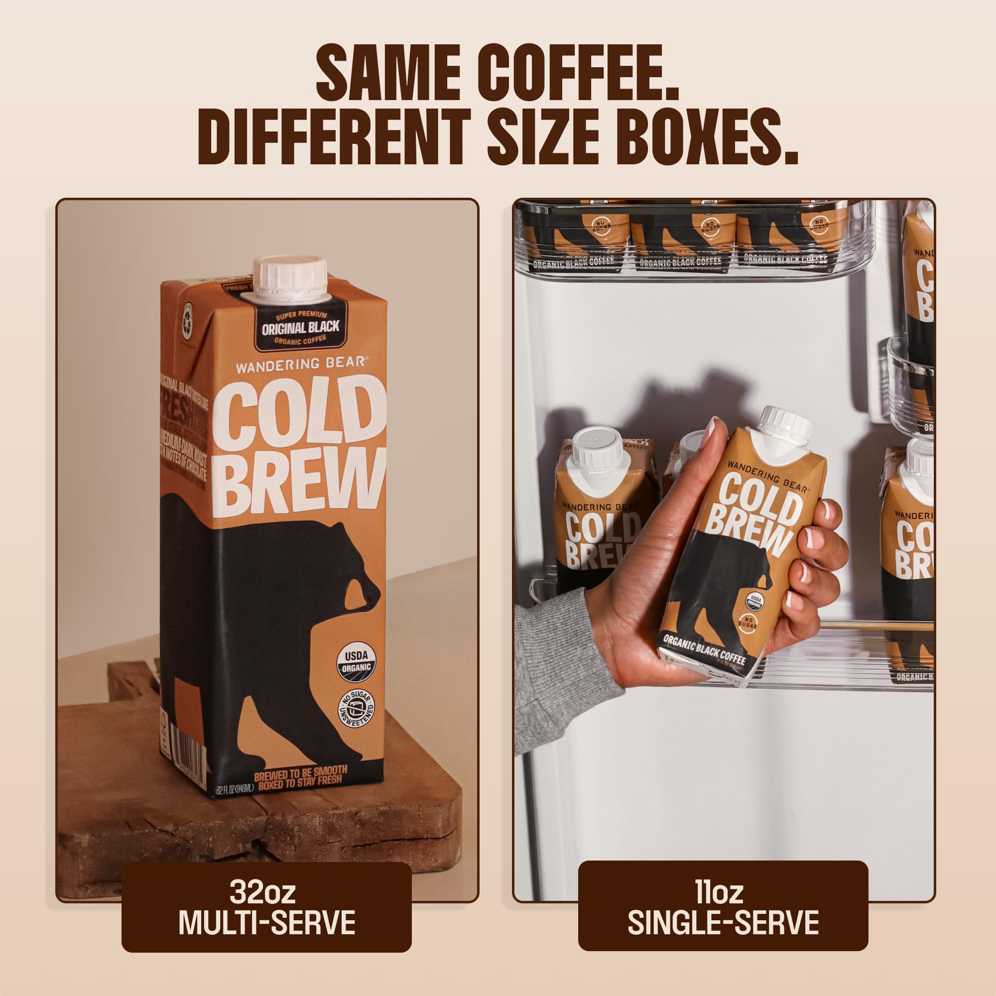 Wandering Bear 96oz boxed cold brew next to a household item for scale