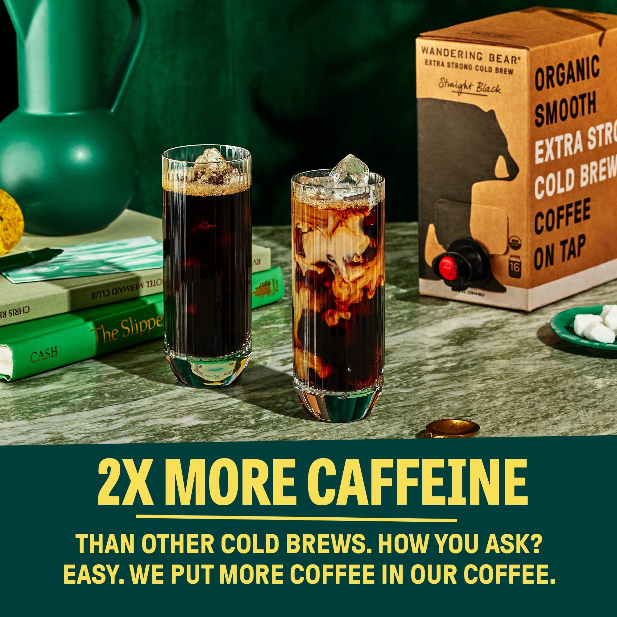 Wandering Bear pouring straight black cold brew over ice for bold refreshment