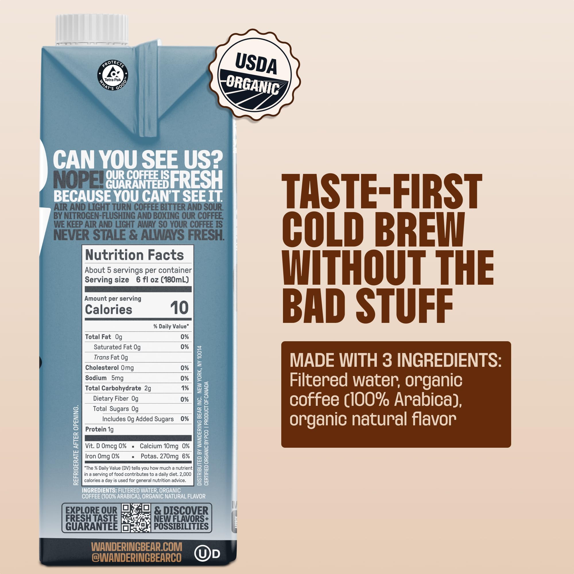 Wandering Bear closeup label highlighting organic vanilla and ingredient benefits