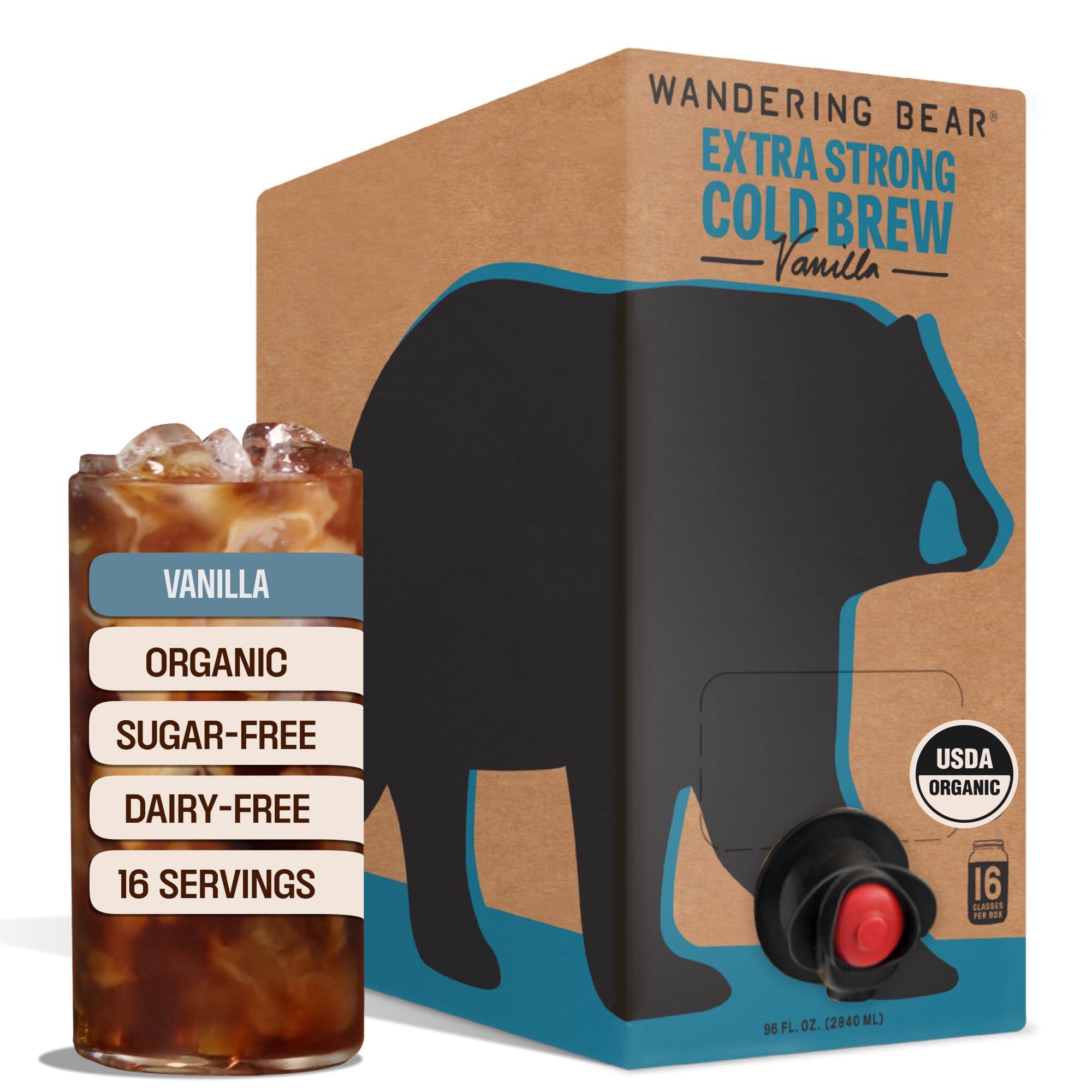 Wandering Bear front packaging showing 96 fl oz box and vanilla branding for easy pouring