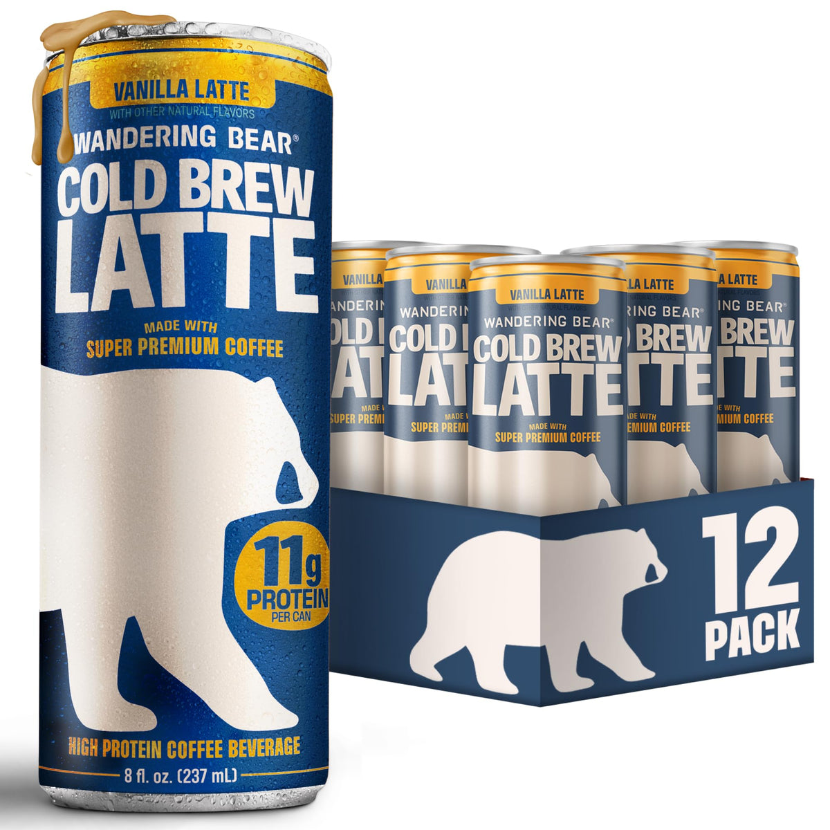 wandering bear front packaging shows vanilla canned latte and convenient portability