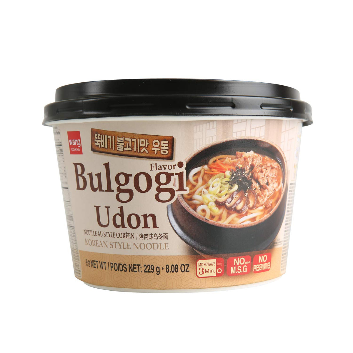 Wang front packaging showing bulgogi udon bowl and benefits of quick meal