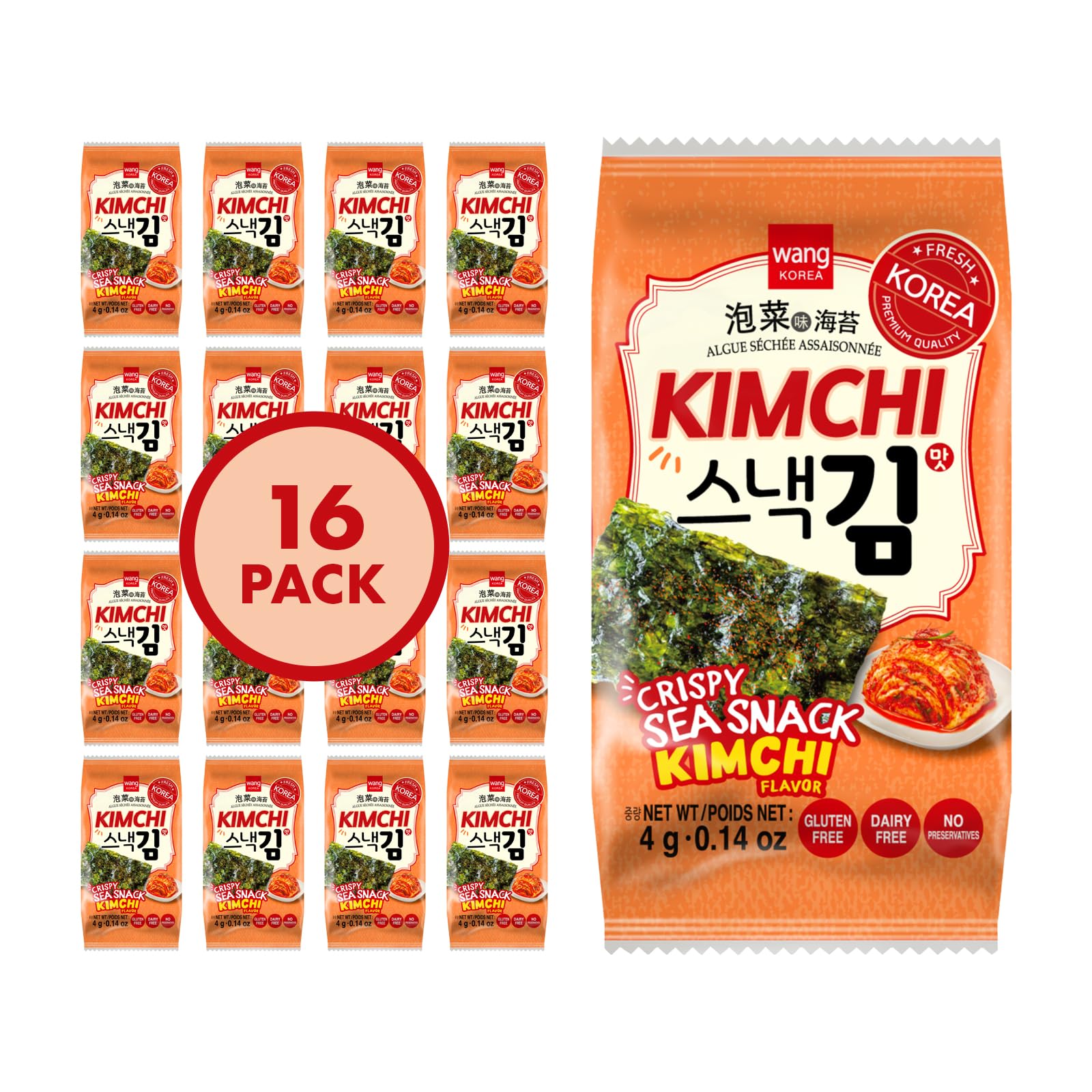 Wang front packaging showing kimchi seaweed snack and benefits