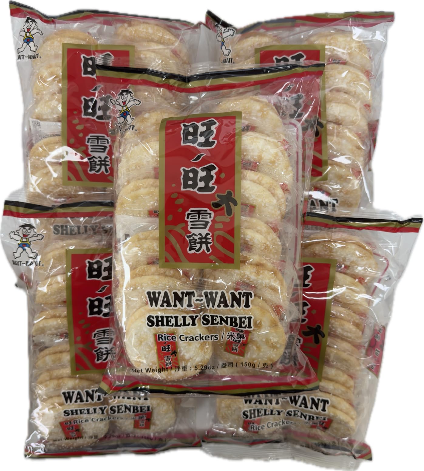 Want Want front packaging showing sugar-glazed crackers and pack details, convenient snack