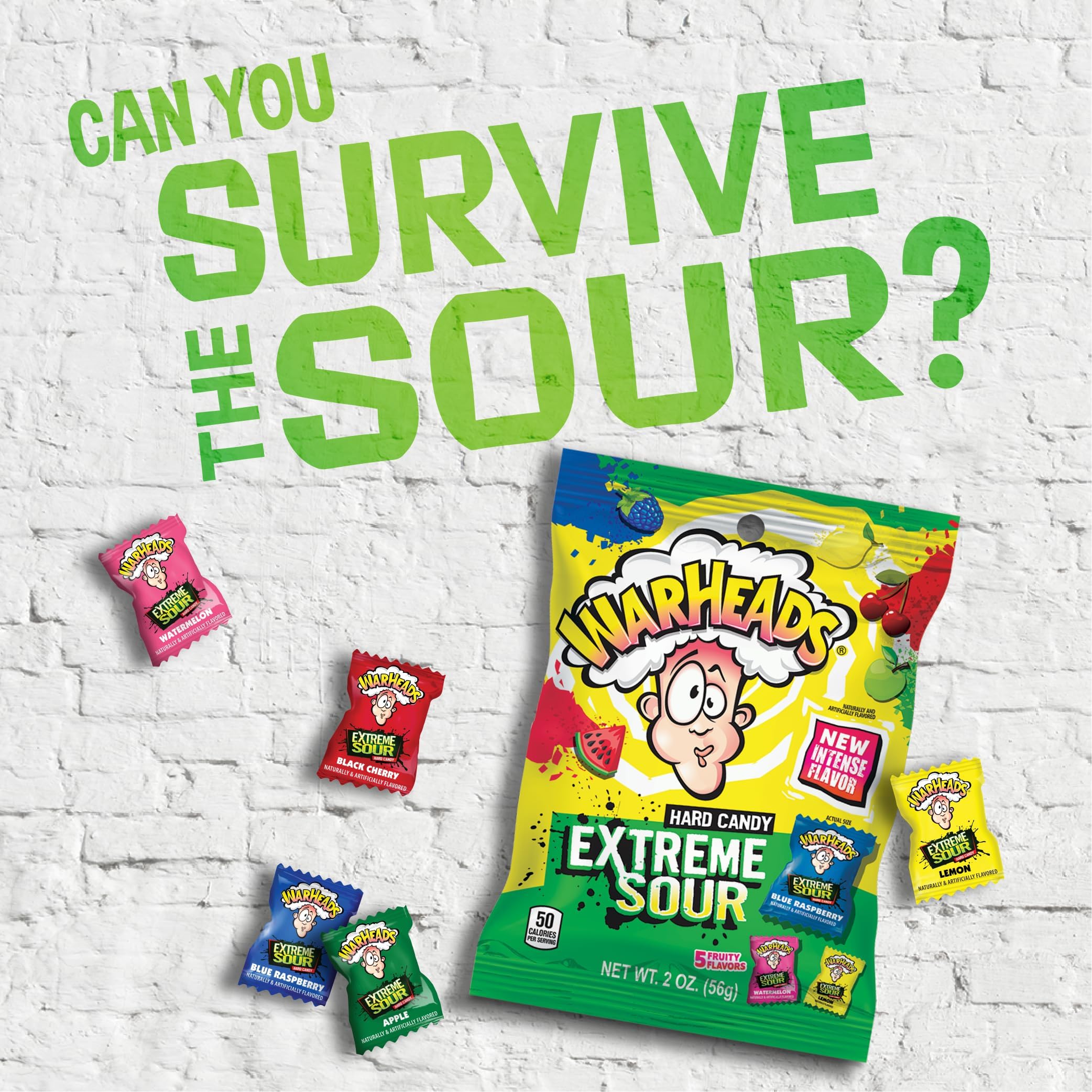 Warheads candy pile close-up highlighting colorful pieces and intense sour appeal