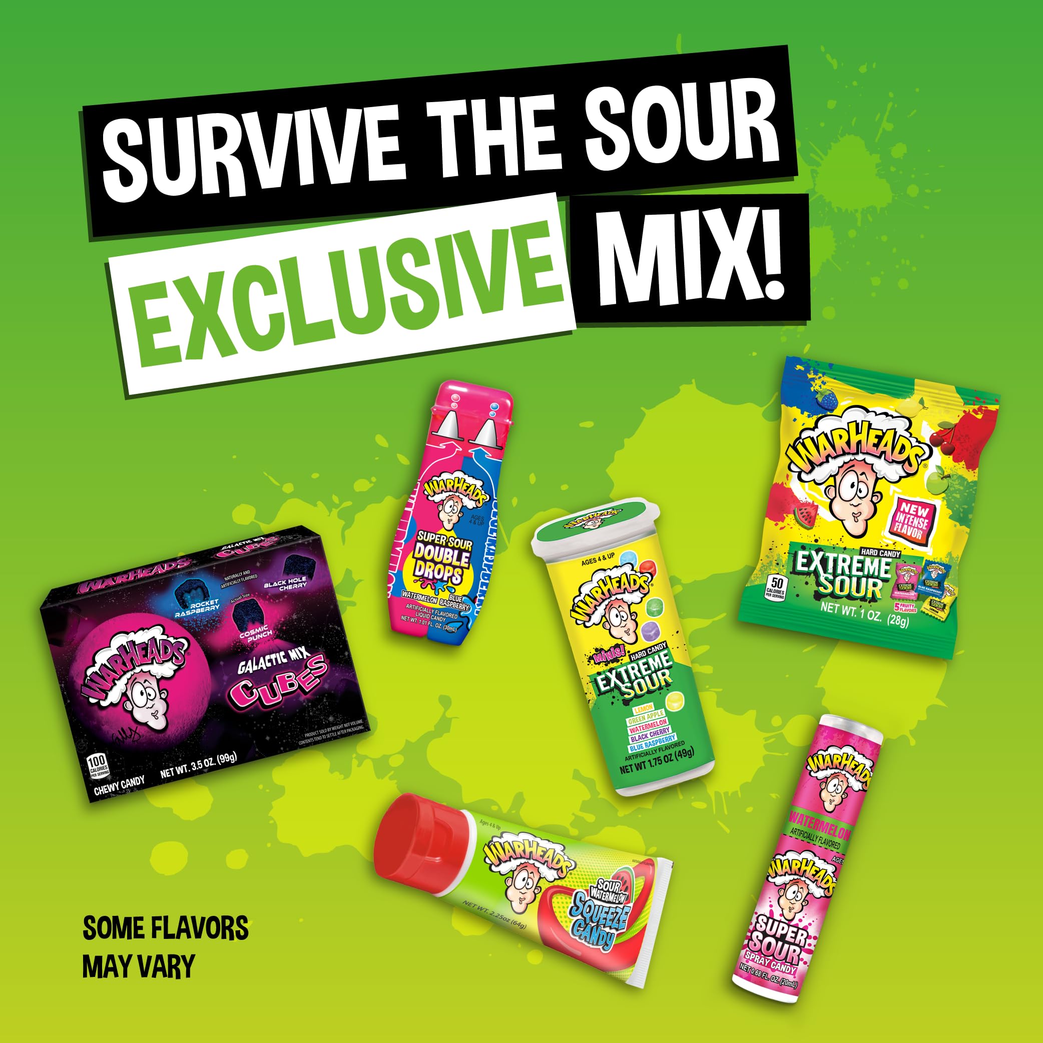 Spread of Warheads extreme hard candy minis showcasing intense sour options