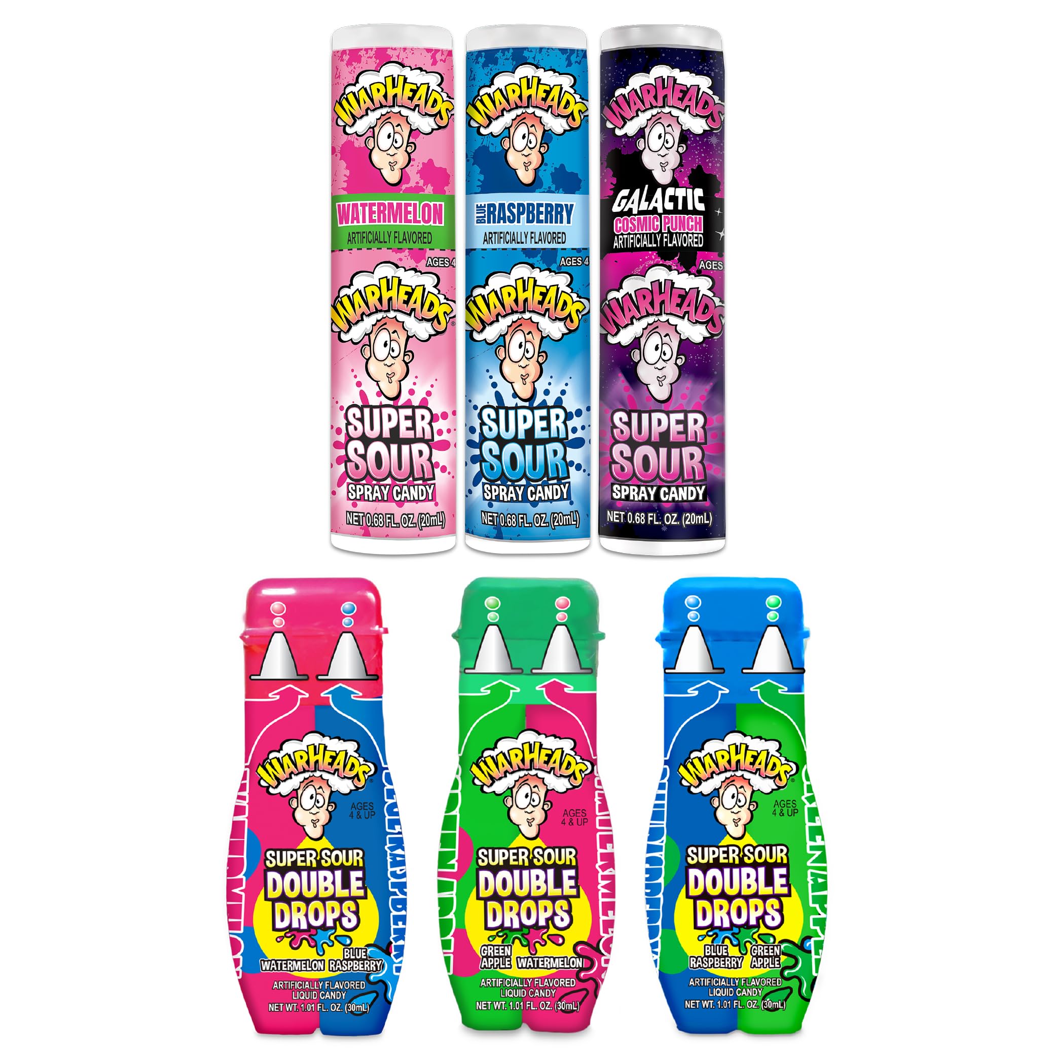 Warheads front pack collection showing six sour spray and double drops for variety