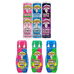 Warheads front pack collection showing six sour spray and double drops for variety