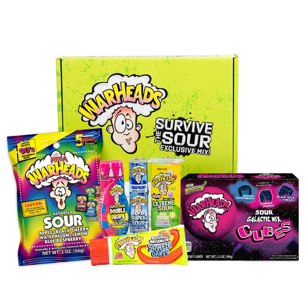 Warheads front packaging of Survive The Sour box showing variety and gift-ready look